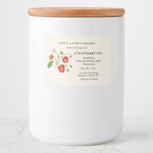 Etykette met ingrediëntenlijst voor aardbeienjam voedselcontainer etiket (Voorkant)