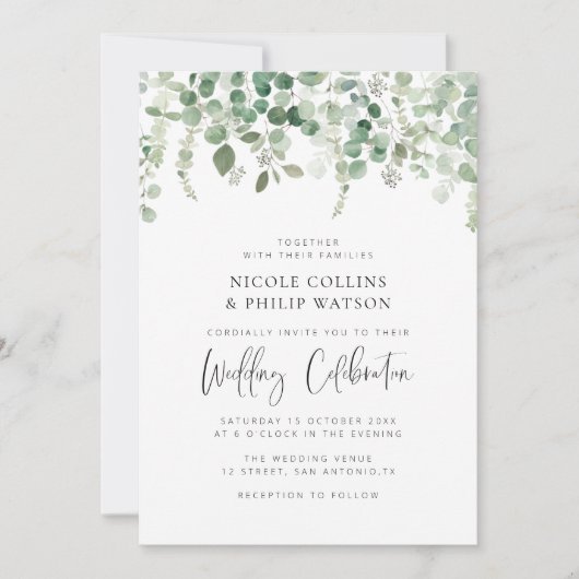 Eualyptus greenery foliage script bruiloft kaart (Voorkant)