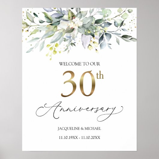 Eucalyptus 30th Wedding Jubileum Welkomstteken Poster (Voorkant)