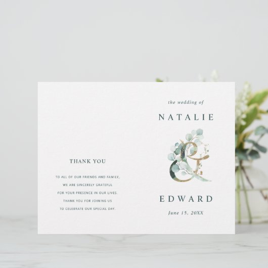 Eucalyptus Ampersand Gold Green Wedding Programme (Debout devant)