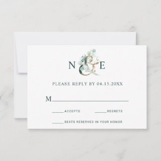 Eucalyptus Ampersand Gold Green Wedding RSVP Kaartje