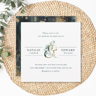 Eucalyptus Ampersand Gold Green Wedding Square Kaart