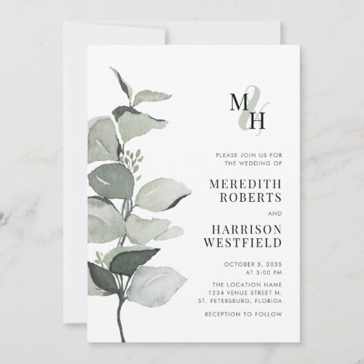 Eucalyptus Ampersand Monogram QR Code Huwelijk Kaart (Voorkant)