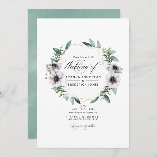 Eucalyptus Anemone Geometric QR Code RSVP Weddensc Kaart (Voorkant / Achterkant)