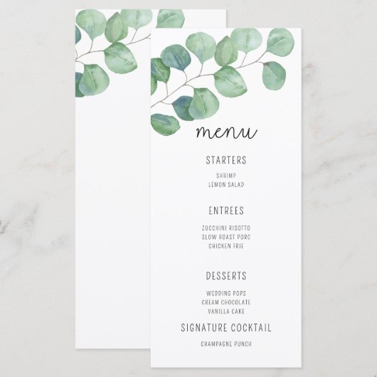Eucalyptus aquarelle - Menu de mariage (Devant / Derrière)