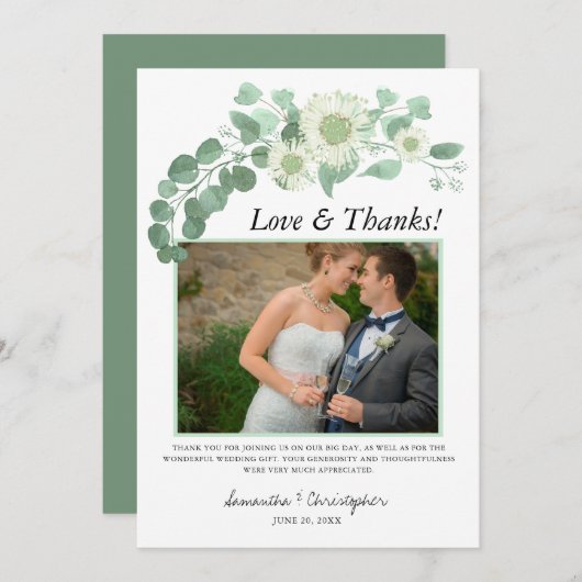 Eucalyptus Aquarelle Photo Mariage Carte de remerc (Devant / Derrière)