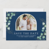 Eucalyptus Arch Photo Navy Blue Wedding Save The Date (Voorkant)
