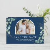 Eucalyptus Arch Photo Navy Blue Wedding Save The Date (Staand voorkant)