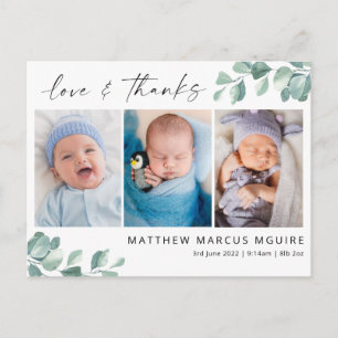 Eucalyptus baby dank je kaart, script bedankt briefkaart