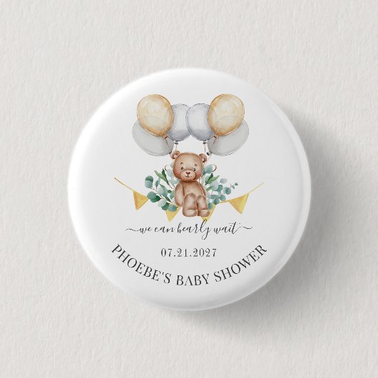 Eucalyptus Baby Shower Beerlijk Wachten Beer & Bal Ronde Button 3,2 Cm (Voorkant)