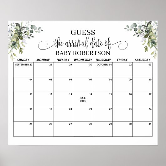 Eucalyptus Baby Shower Datum Raming Kalenders Poster (Voorkant)