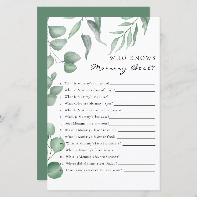 Eucalyptus Baby shower Game die mama het beste ken (Voorkant / Achterkant)