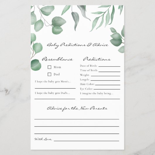 Eucalyptus Baby shower Game Voorspellingen & Advie Flyer (Voorkant)