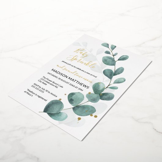 Eucalyptus Baby Sprinkle Greenery & Gold Foil Inv Folie Uitnodiging (Gedraaid)