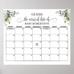 Eucalyptus babyshower datum voorspelling kalender poster