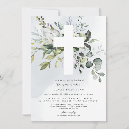 Eucalyptus Baptême Christening Boy Invitation (Devant)