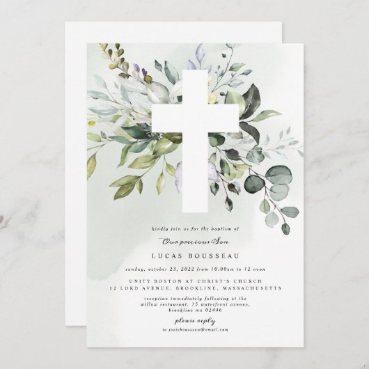 Eucalyptus Baptême Christening Invitation (Devant / Derrière)