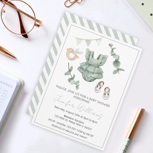 Eucalyptus bébé fille vêtements douche invitation