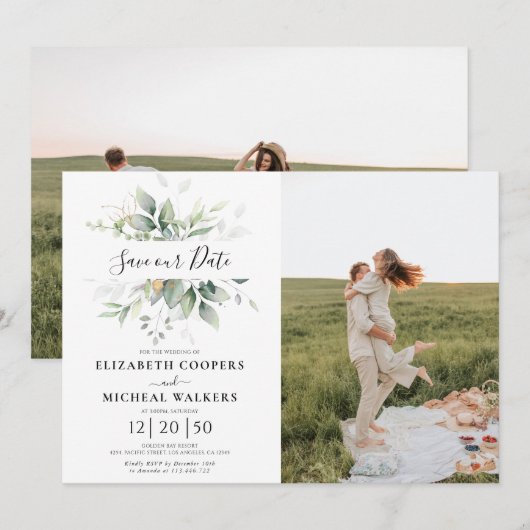 Eucalyptus Bewaar onze datum met fotokaart Save The Date (Voorkant / Achterkant)