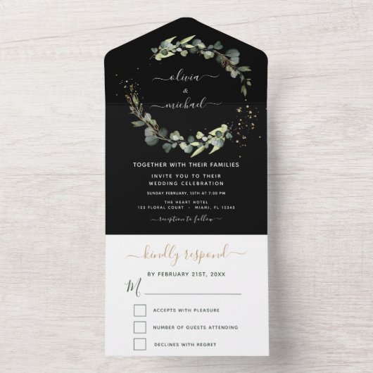 Eucalyptus Black Greenery Wedding Elegant Modern All In One Uitnodiging (Binnen)