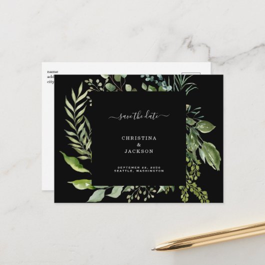 Eucalyptus Black Weddencode QR-code Save the Date Aankondigingskaart (Voorkant / Achterkant in situ)