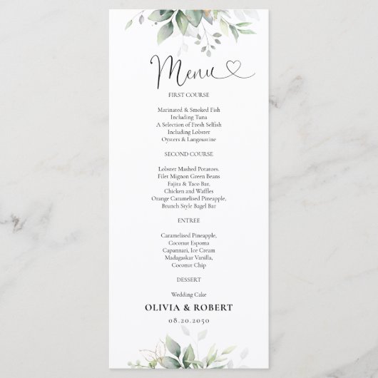 Eucalyptus Blad Groen Bruiloft Menu (Voorkant)