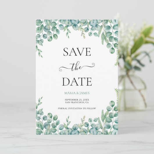 Eucalyptus Bladeren Bruiloft Save The Date (Staand voorkant)