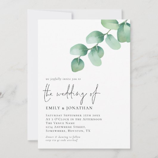 Eucalyptus Bladeren QR Code Script Trouwen Kaart (Voorkant)