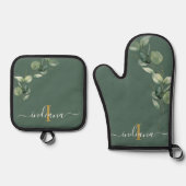 Eucalyptus Bladgroen Monogram Script Elegant Ovenwant & Pannenlap Set (Voorkant)