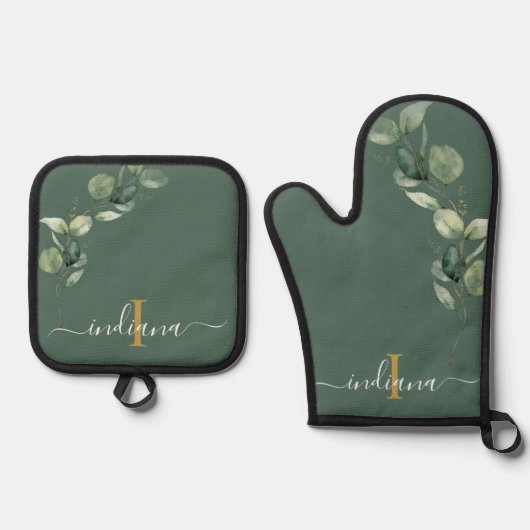 Eucalyptus Bladgroen Monogram Script Elegant Ovenwant & Pannenlap Set (Voorkant)