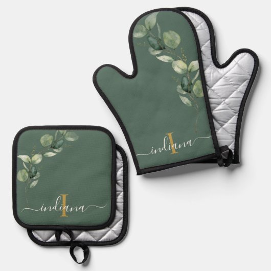 Eucalyptus Bladgroen Monogram Script Elegant Ovenwant & Pannenlap Set (Voorkant / Achterkant)