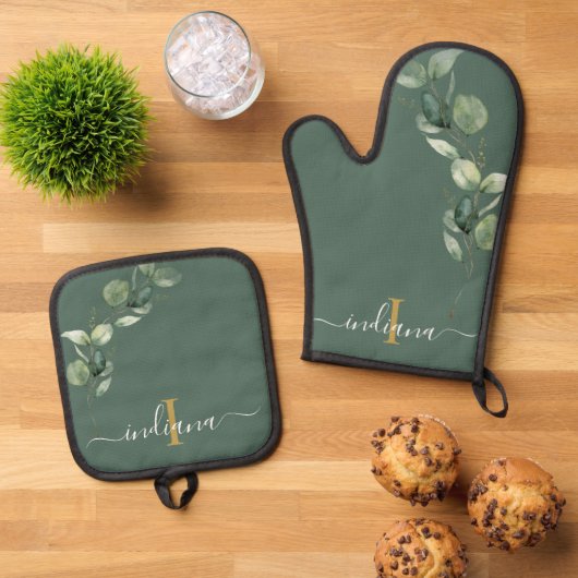 Eucalyptus Bladgroen Monogram Script Elegant Ovenwant & Pannenlap Set (Top down)