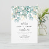 Eucalyptus Blauwgroen en Gold Greenery Wedding Inv (Staand voorkant)
