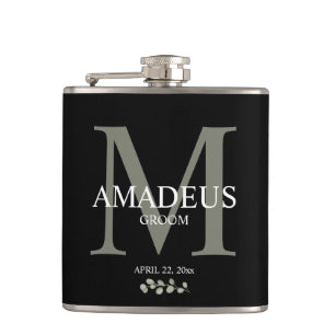 Eucalyptus bloemen monogram bruidegom heupfles