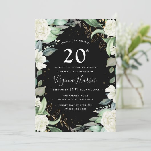 Eucalyptus Bloemen Zwart Twintig 20ste Verjaardag Kaart (Staand voorkant)