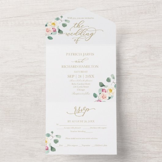 Eucalyptus bloemenkalligrafie bruiloft all in one uitnodiging (Binnen)