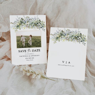 Eucalyptus Bloemige Save The Date met Foto Kaart
