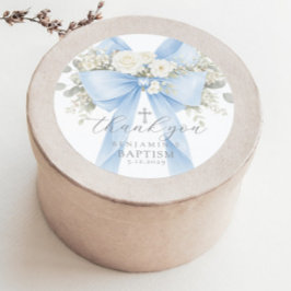 Eucalyptus Blue Bow Baptism Thank you Ronde Sticker