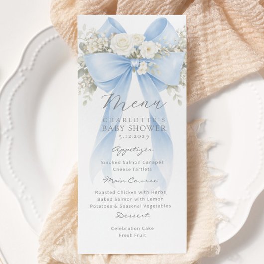 Eucalyptus Blue Bow Elegant Baby Shower Menu