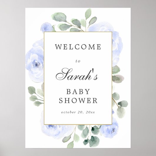 Eucalyptus Blue Floral Baby shower Affiche de bien (Devant)