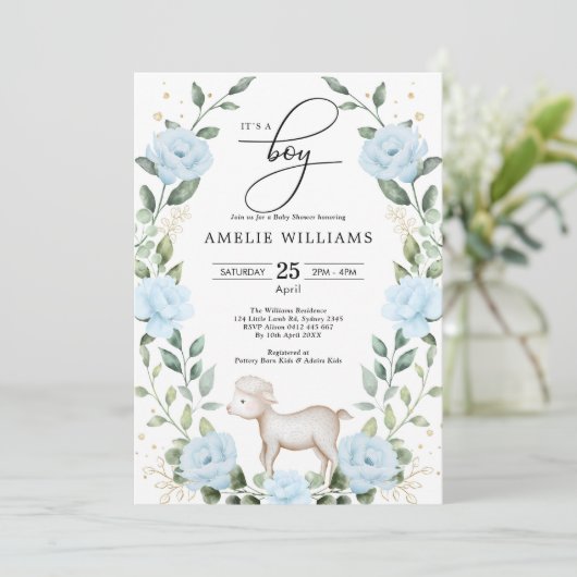Eucalyptus Blue Flower Lamb Boy Baby shower Kaart (Staand voorkant)
