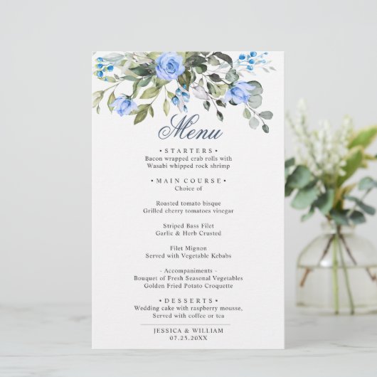 Eucalyptus Blue Rozen Floral Weddenschap menu (Staand voorkant)