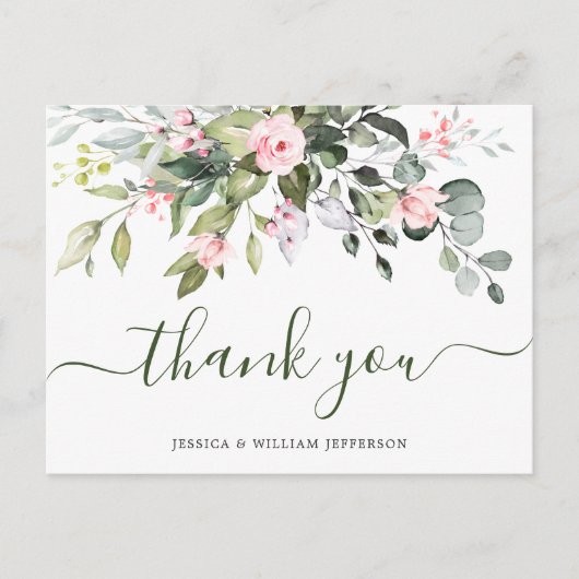 Eucalyptus Blush Roze Rozen Trouw Bruidsboeket Bed Briefkaart (Voorkant)