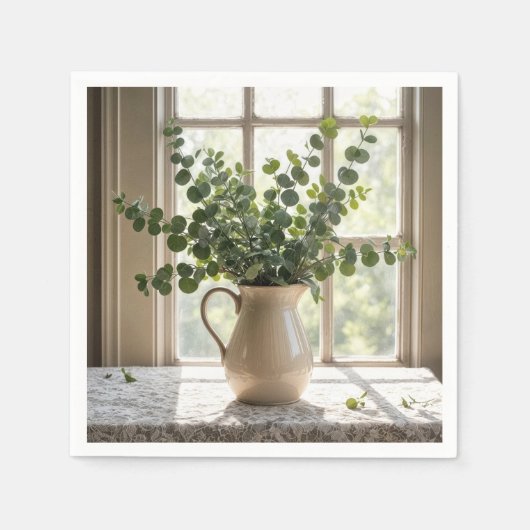 Eucalyptus boeket op kant tafelkleed servet (Voorkant)