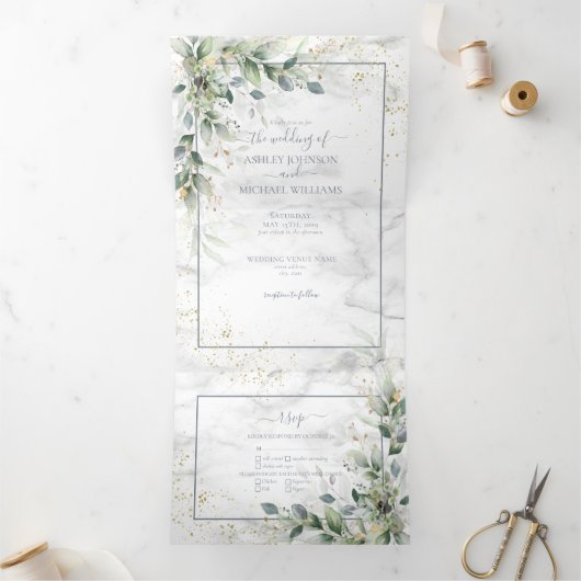 Eucalyptus Botanical Gold Greenery Weddenschap Drieluik Uitnodiging (Binnen)
