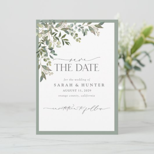 Eucalyptus Botanical Greenery Script Photo Weddens Save The Date (Staand voorkant)