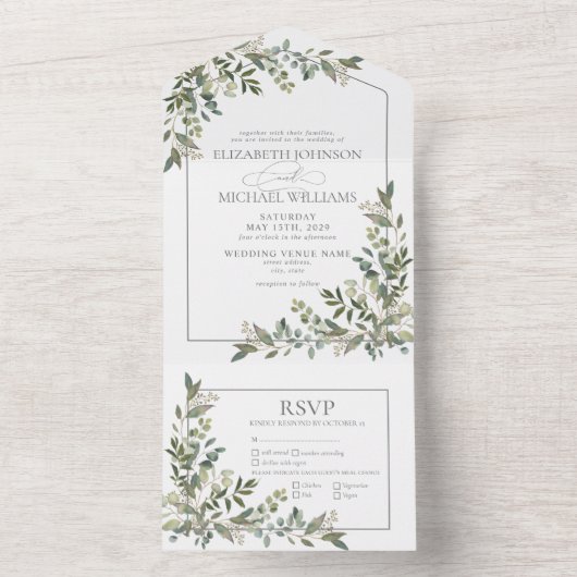 Eucalyptus Botanical Sage Green Meals Weddenschap All In One Uitnodiging (Binnen)