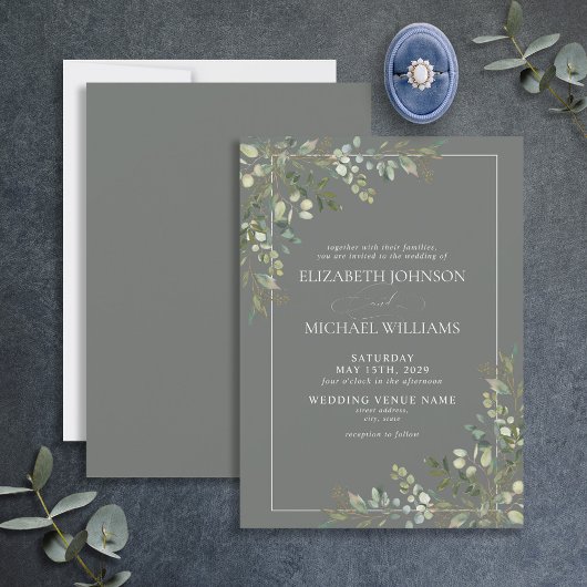 Eucalyptus Botanical Sage Green Script Weddenschap Kaart