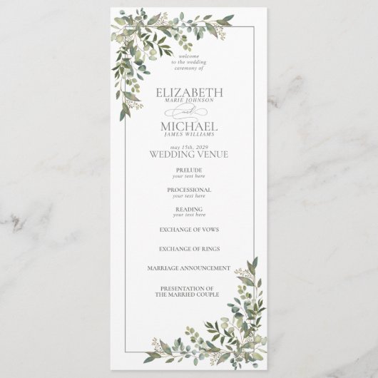 Eucalyptus Botanical Sage Green Script Weddenschap Programma (Voorkant)