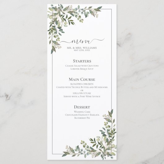 Eucalyptus Botanical Sage Green Wedding Menu (Voorkant)